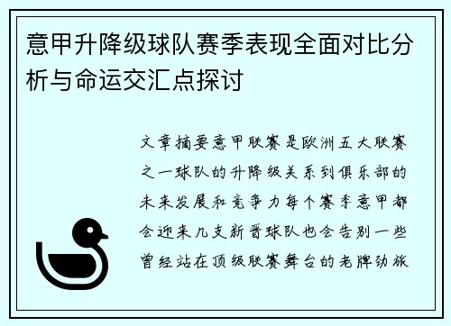 意甲升降级球队赛季表现全面对比分析与命运交汇点探讨